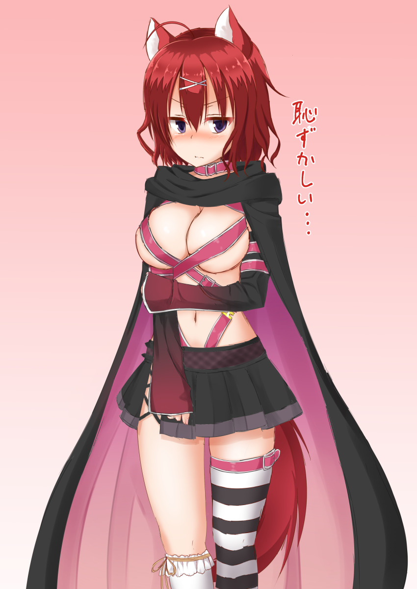 1girl, absurdres, ahoge, amairo_islenauts, animal_ears, arm_under_breasts, asymmetrical_legwear, ayachi_nene