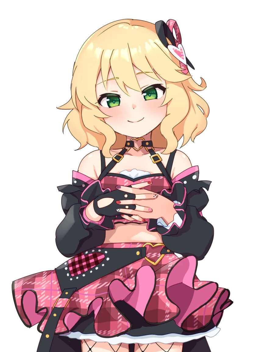 1girl, belt, blonde_hair, blush, choker, fingerless_gloves, fishnet_thighhighs, fishnets, frilled_skirt, frills, gloves, green_eyes, hair_ornament, heart, heart_o-ring, highres, idolmaster, idolmaster_cinderella_girls, idolmaster_cinderella_girls_starlight_stage, medium_hair, midriff, montamo739, o-ring, off-shoulder_jacket, off_shoulder, patterned_clothing, sakurai_momoka, skirt, smile, solo, suspenders, thighhighs, wavy_hair, white_background