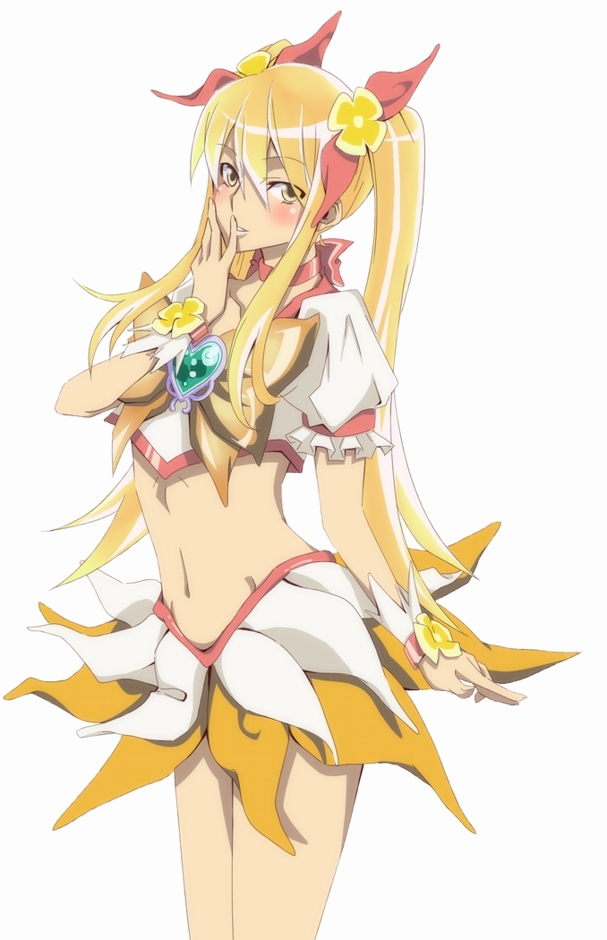 1boy, bishounen, blonde_hair, bow, brooch, cosplay, cure_sunshine, cure_sunshine_(cosplay), hand_on_own_face, heart, heart_brooch, heartcatch_precure!, jewelry, long_hair, magical_girl, male_focus, midriff, myoudouin_itsuki, myoudouin_satsuki, navel, orange_bow, orange_skirt, precure, skirt, solo, touryou, trap, twintails, white_background, yellow_bow, yellow_eyes
