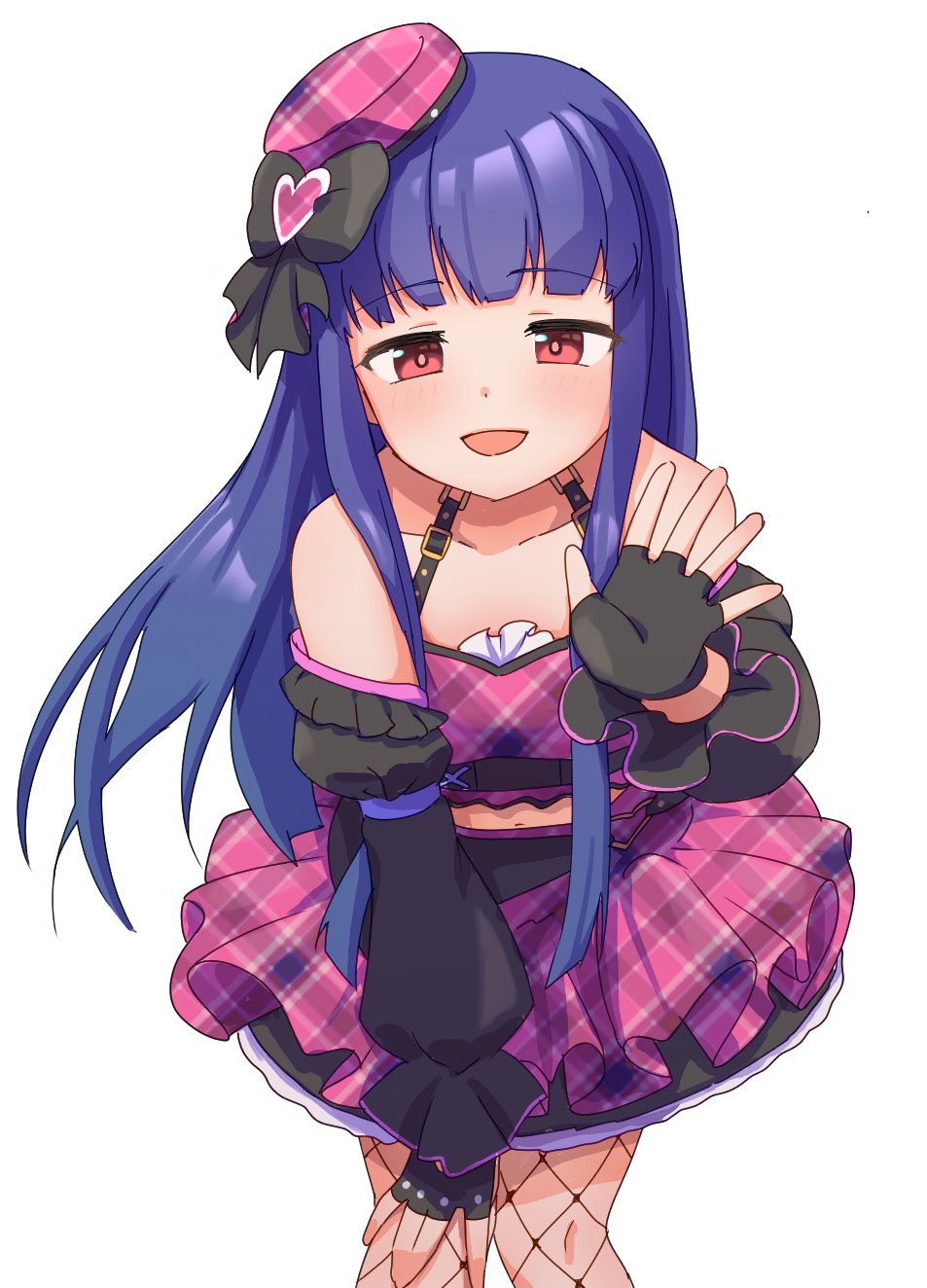 1girl, bare_shoulders, belt, blue_hair, blunt_bangs, blush, fingerless_gloves, fishnet_thighhighs