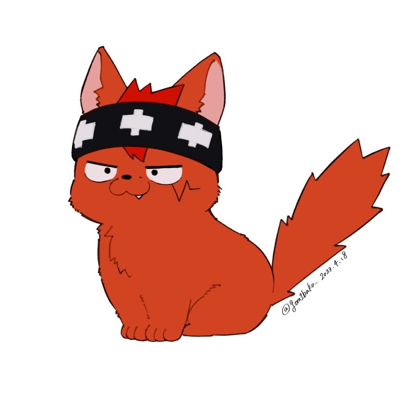 animalization, artist_name, dated, daut_barret, fang, forehead_protector, fox, genjitsu_o_miro, highres, mashle, no_humans, red_hair, short_hair, simple_background, sitting, solo, white_background