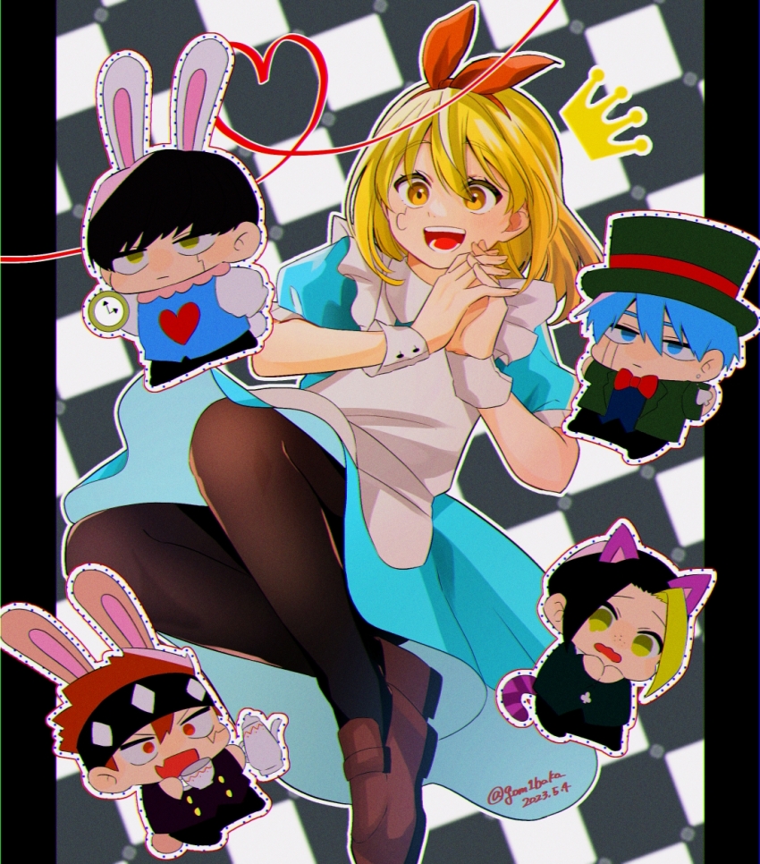1girl, 4boys, :d, alice_(alice_in_wonderland), alice_(alice_in_wonderland)_(cosplay), alice's_adventures_in_wonderland, animal_ears, apron, black_background, black_hair, bow, bowtie, brown_footwear, brown_pantyhose, cat_ears, cat_tail, cheshire_cat_(alice_in_wonderland), cheshire_cat_(alice_in_wonderland)_(cosplay), cosplay, daut_barret, dress, fake_animal_ears, fang, finn_ames, genjitsu_o_miro, green_dress, green_headwear, grey_apron, hairband, happy, highres, lance_crown, lemon_irvine, long_hair, mad_hatter_(alice_in_wonderland), mad_hatter_(alice_in_wonderland)_(cosplay), maid_apron, march_hare_(alice_in_wonderland), march_hare_(alice_in_wonderland)_(cosplay), mash_burnedead, mashle, multiple_boys, open_mouth, outline, own_hands_together, pantyhose, puffy_short_sleeves, puffy_sleeves, rabbit_ears, red_bow, red_bowtie, red_hair, red_hairband, short_hair, short_sleeves, skin_fang, smile, tail, teeth, tongue, white_background, white_outline, white_rabbit_(alice_in_wonderland), white_rabbit_(alice_in_wonderland)_(cosplay)