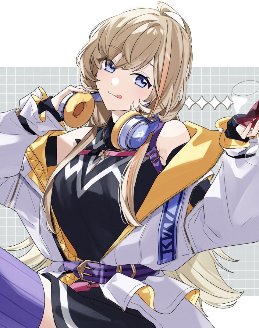 1girl, :q, ahoge, belt, black_dress, blonde_hair, blue_eyes, cup