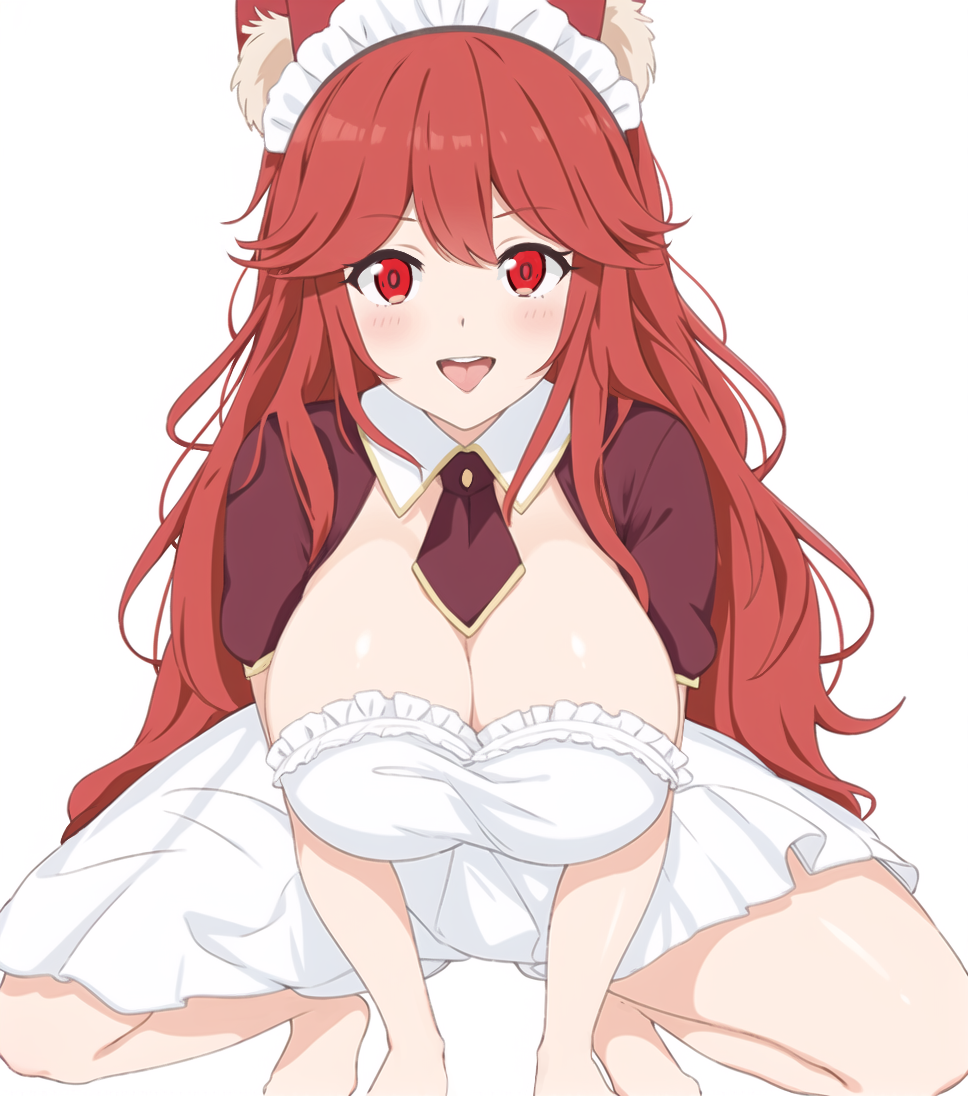 1girl, animal_ears, apron, barefoot, blush, breasts, cleavage, curly_hair, flay_(jitsuoresaikyo), frilled_apron, frills, hair_between_eyes, hair_over_shoulder, happy, jitsu_wa_ore_saikyou_deshita?, large_breasts, long_hair, maid, maid_apron, maid_headdress, red_eyes, red_hair, saa_(artist), simple_background, squatting, tongue, tongue_out, very_long_hair, white_apron, white_background, wolf_ears