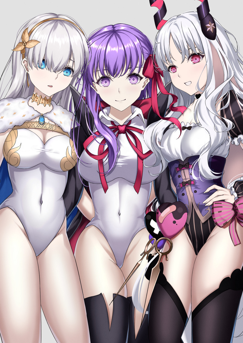 3girls, absurdres, anastasia_(fate), bb_(fate), bb_(swimsuit_mooncancer)_(third_ascension)_(fate), black_bow, black_coat, black_thighhighs