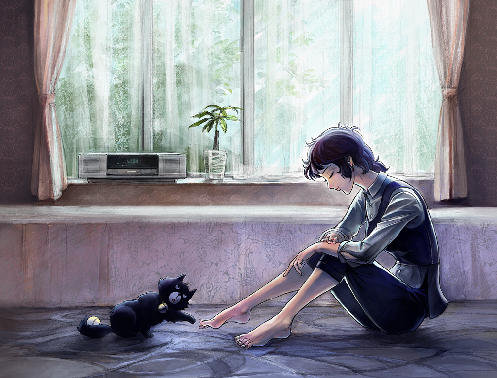 1girl, ace_wo_nerae!, barefoot, black_cat, black_hair, cat, closed_eyes, curtains