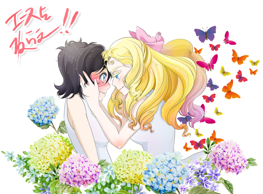 2girls, ace_wo_nerae!, black_hair, blue_eyes, blush, bow, breasts, bug