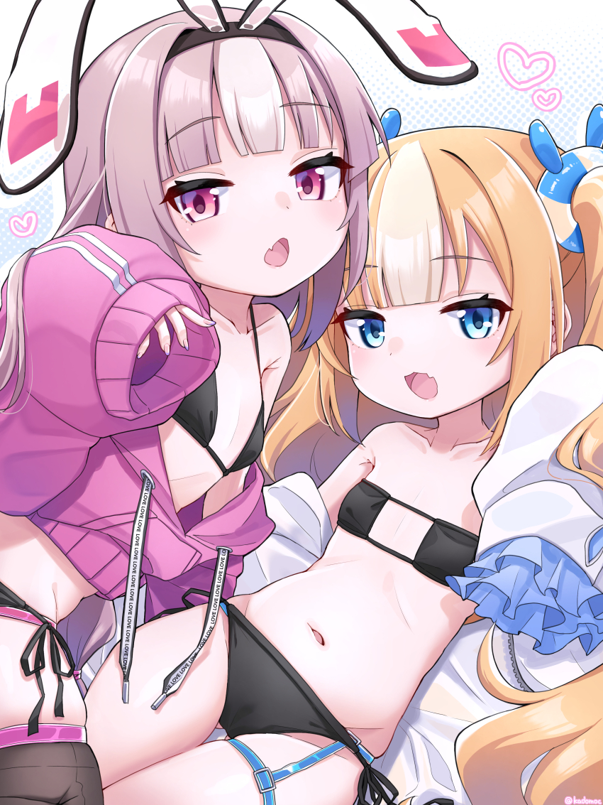 2girls, :3, absurdres, animal_ears, artist_name, azur_lane, bikini, black_bikini, black_hairband, blonde_hair, blue_eyes, blunt_bangs, breasts, collarbone, commentary_request, eyepatch_bikini, fake_animal_ears, fang, female_focus, fingernails, gluteal_fold, hair_ornament, hairband, heart, highres, hobby_(azur_lane), jacket, kalk_(azur_lane), loli, long_hair, long_sleeves, looking_at_viewer, marui_kado, multiple_girls, open_mouth, pink_eyes, pink_hair, pink_jacket, rabbit_ears, side-tie_bikini_bottom, skin_fang, sleeves_past_wrists, small_breasts, swimsuit, thigh_gap, twintails, twitter_username, white_jacket, wide_sleeves