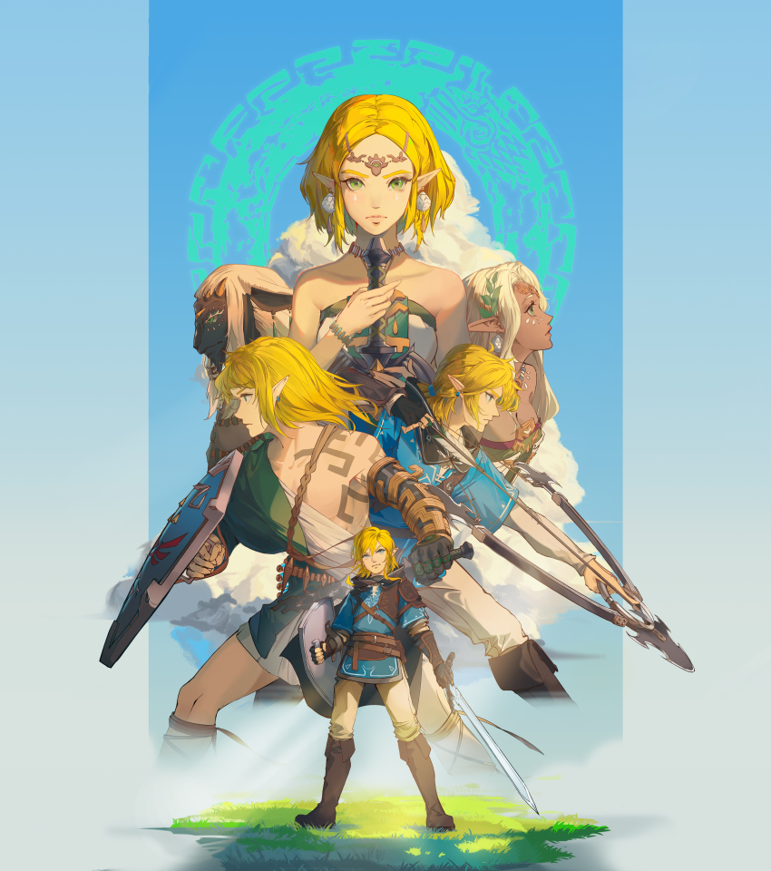 absurdres, arrow_(symbol), axe, bare_shoulders, black_footwear, black_gloves, black_skin, blonde_hair