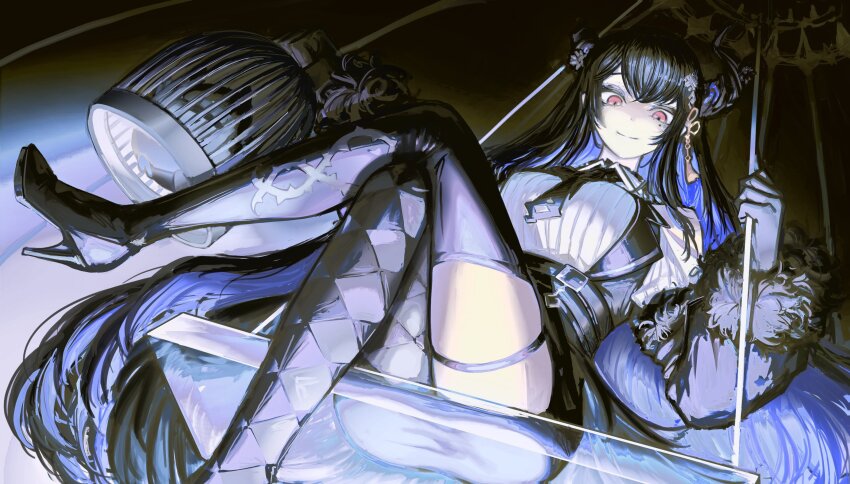 1girl, absurdres, argyle_clothes, argyle_pantyhose, asymmetrical_horns, asymmetrical_legwear, belt, birdcage