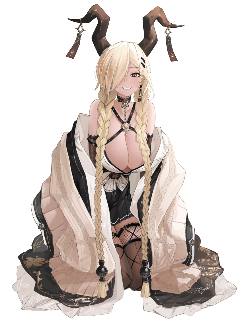 1girl, absurdres, azur_lane, bare_shoulders, black_skirt, blonde_hair, braid, breasts, brown_horns, brown_thighhighs, cardigan, criss-cross_halter, dark-skinned_female, dark_skin, fishnet_thighhighs, fishnets, grin, hair_ornament, hair_over_one_eye, hairclip, halterneck, highres, horns, kneeling, kuroja, large_breasts, long_bangs, long_hair, looking_at_viewer, low_twin_braids, miniskirt, mole, mole_under_mouth, one_eye_covered, open_cardigan, open_clothes, owari_(azur_lane), pleated_skirt, ribbed_cardigan, simple_background, skirt, smile, solo, strapless_kimono, thighhighs, twin_braids, white_background, white_cardigan, yellow_eyes