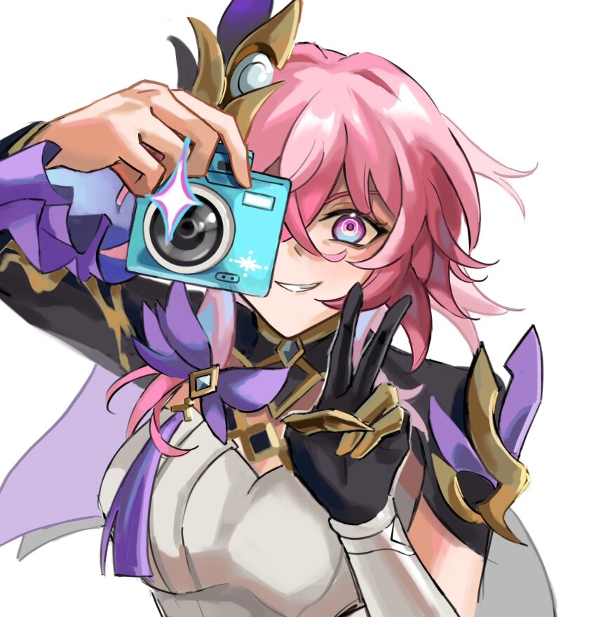 1girl, arm_up, asymmetrical_sleeves, black_gloves, blue_(bluespring1513), breasts, camera, commentary, cosplay, dress, elysia_(honkai_impact), elysia_(miss_pink_elf)_(honkai_impact), elysia_(miss_pink_elf)_(honkai_impact)_(cosplay), english_commentary, gloves, grin, hair_between_eyes, hand_up, highres, holding, holding_camera, honkai:_star_rail, honkai_(series), honkai_impact_3rd, long_sleeves, looking_at_viewer, march_7th_(honkai:_star_rail), medium_breasts, pink_hair, purple_eyes, simple_background, smile, solo, upper_body, v, white_background, white_dress