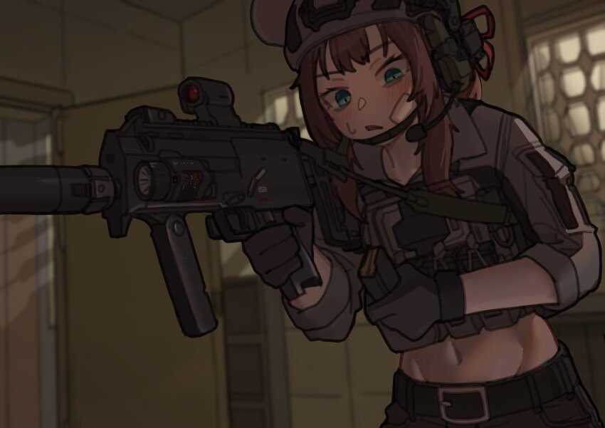 1girl, ammunition, armor-piercing_ammunition, bandage_on_face, bandages, black_gloves, blunt_bangs, blush