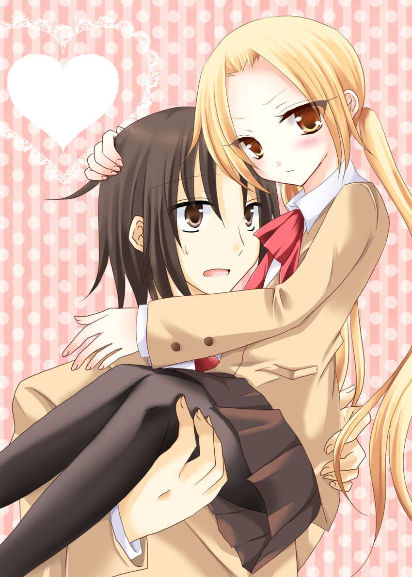 1boy, 1girl, bad_id, bad_pixiv_id, blonde_hair, blush, carrying, gokugetsu_momo