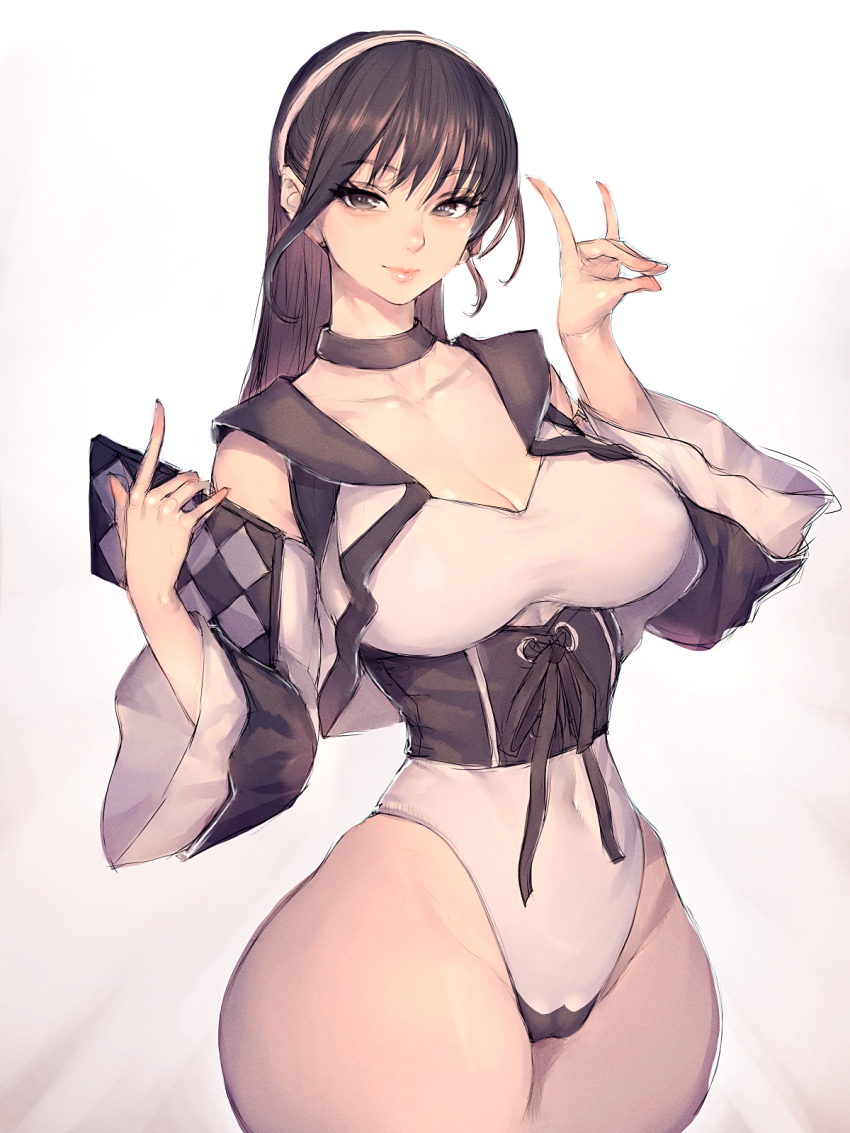 1girl, adapted_costume, animification, bare_hips, bare_shoulders, black_corset, black_nails, breasts, cleavage, corset, curvy, detached_sleeves, earrings, fox_shadow_puppet, fumio_(rsqkr), hair_down, hand_gesture, highres, holding, jacket, jewelry, kamen_rider, kamen_rider_geats_(series), large_breasts, leotard, long_hair, medium_breasts, mismatched_earrings, multicolored_hair, smile, streaked_hair, tablet_pc, tsumuri_(kamen_rider_geats), white_background, white_jacket, white_nails, wide_hips