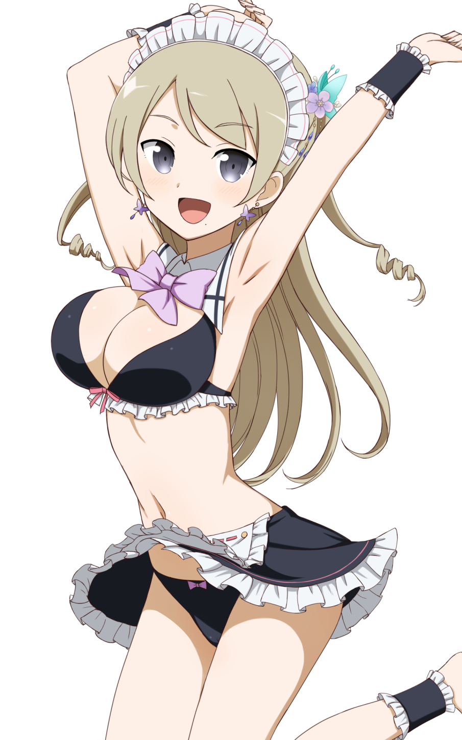 1girl, :d, ankle_cuffs, armpits, arms_up, bikini, black_panties, black_skirt