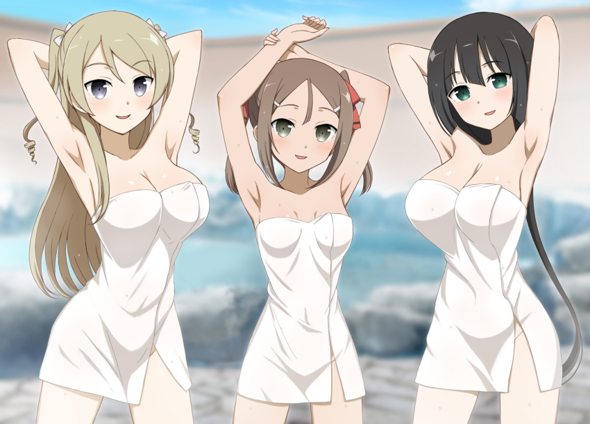 3girls, armpits, arms_up, black_hair, blonde_hair, blush, bow, breasts, brown_hair, green_eyes, grey_eyes, hair_bow, hair_ribbon, highres, kusunoki_mebuki_wa_yuusha_de_aru, large_breasts, long_hair, looking_at_viewer, low_ponytail, miroku_yumiko, miyoshi_karin, mole, mole_under_mouth, multiple_girls, naked_towel, onsen, ponytail, red_ribbon, ribbon, small_breasts, smile, tougou_mimori, towel, twintails, user_tmwx3385, very_long_hair, white_bow, yuuki_yuuna_wa_yuusha_de_aru, yuusha_de_aru