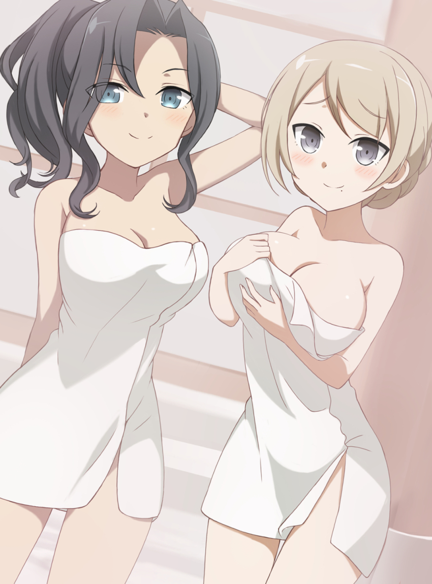 2girls, black_hair, blonde_hair, blue_eyes, blush, braid, braided_bun, breasts