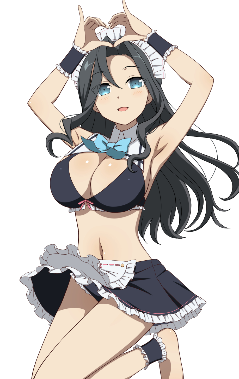 1girl, ankle_cuffs, armpits, bikini, black_hair, black_skirt, blue_bow, blue_bowtie, blue_eyes, blush, bow, bowtie, breasts, detached_collar, eyes_visible_through_hair, heart, heart_hands, highres, large_breasts, long_hair, maid, maid_bikini, maid_headdress, miroku_renge, navel, skirt, smile, solo, swimsuit, unconventional_maid, user_tmwx3385, wrist_cuffs, yuuki_yuuna_wa_yuusha_de_aru, yuuki_yuuna_wa_yuusha_de_aru:_hanayui_no_kirameki, yuusha_de_aru