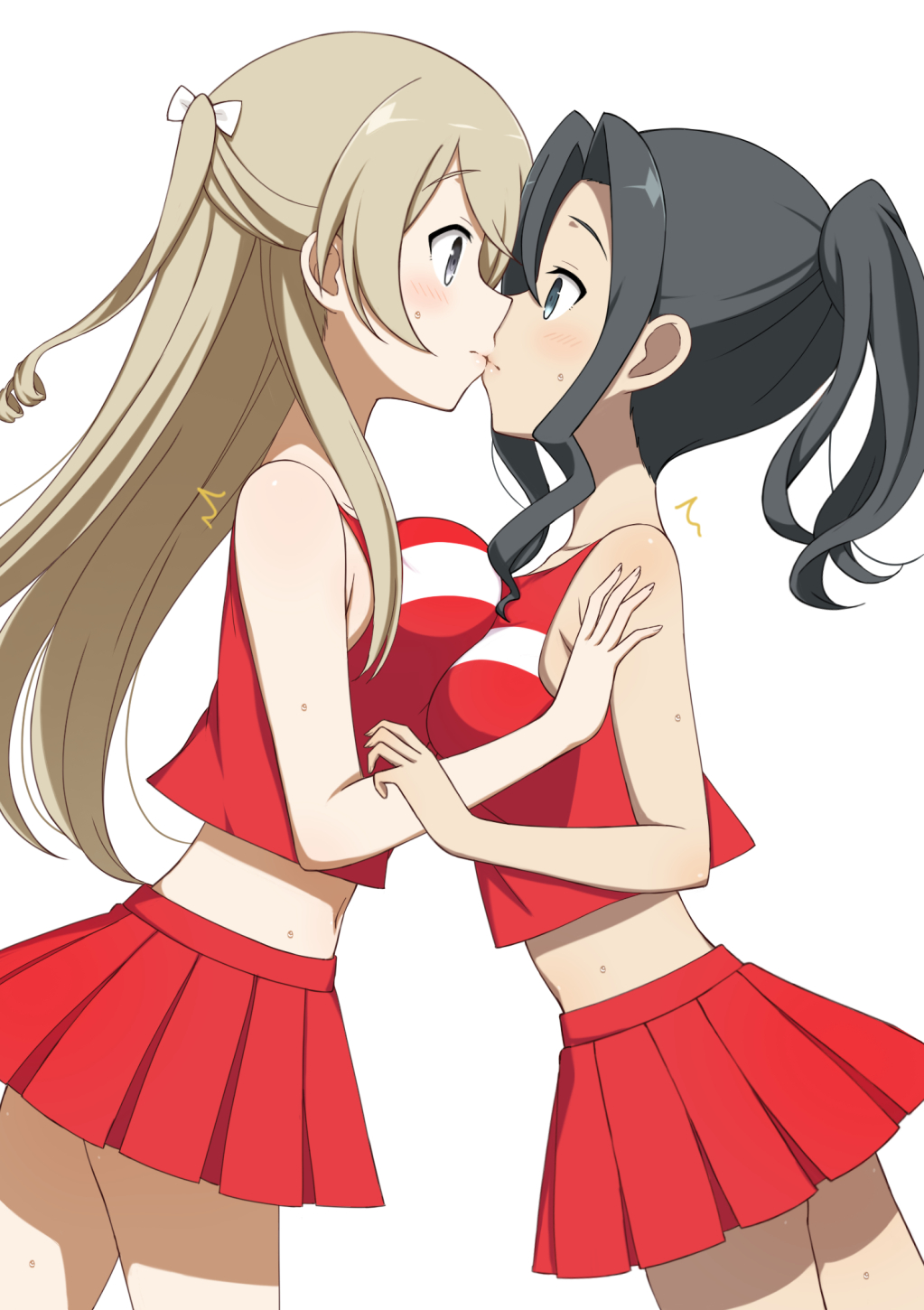 2girls, accidental_kiss, black_hair, blonde_hair, blush, bow, breast_press, breasts, cheerleader, commentary_request, commission, grey_eyes, hair_bow, highres, incest, kiss, kusunoki_mebuki_wa_yuusha_de_aru, large_breasts, long_hair, midriff, miroku_renge, miroku_yumiko, multiple_girls, pleated_skirt, ponytail, red_skirt, skeb_commission, skirt, symmetrical_docking, user_tmwx3385, very_long_hair, white_bow, yuri, yuuki_yuuna_wa_yuusha_de_aru, yuuki_yuuna_wa_yuusha_de_aru:_hanayui_no_kirameki, yuusha_de_aru
