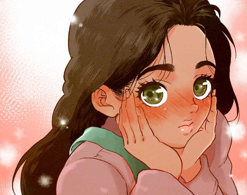 1girl, anne_merlai, black_hair, blush, commentary_request, dark-skinned_female, dark_skin, green_eyes, hands_on_own_cheeks, hands_on_own_face, jojo_no_kimyou_na_bouken, long_hair, mugicya_world, pink_lips, portrait, runaway_girl_(jojo), solo, stardust_crusaders