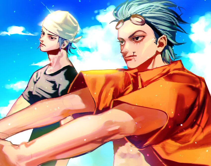 2boys, absurdres, aged_down, bandana, black_eyes, black_shirt, blue_hair, blue_sky
