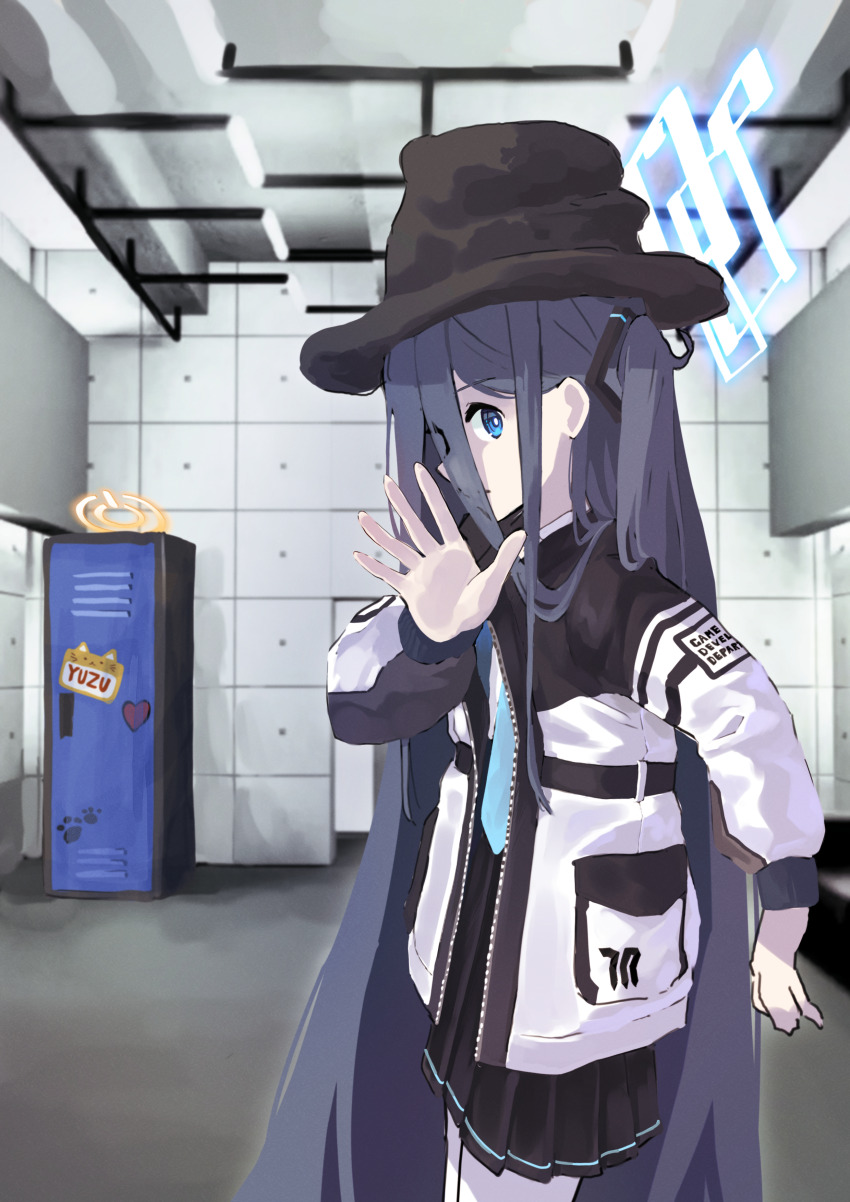 2girls, absurdres, aris_(blue_archive), blue_archive, blue_eyes, ceiling_light, concrete_wall, couch, halo, hat, highres, jacket, locker, long_hair, looking_to_the_side, meme, multiple_girls, school_uniform, sticker, virtual_insanity, yuzu_(blue_archive)