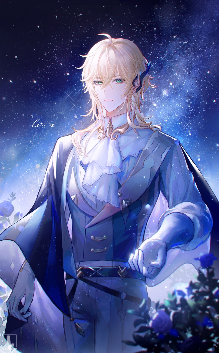 1boy, absurdres, alkaid_mcgrath, alkaid_mcgrath_(godheim), ascot, beckoning, belt, black_belt, black_cape, blonde_hair, blue_flower, blue_rose, brooch, bush, cape, collared_shirt, cowboy_shot, ear_covers, earclip, flower, gloves, green_eyes, grey_pants, grey_vest, hair_between_eyes, highres, jewelry, lapels, level02, long_sleeves, looking_at_viewer, lovebrush_chronicles, male_focus, medium_hair, night, pants, parted_lips, rose, rose_bush, shawl_lapels, shirt, side_cape, sky, smile, solo, standing, star_(sky), starry_sky, vest, white_ascot, white_gloves, white_shirt