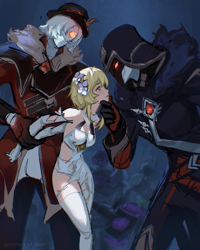 1girl, 2021, 2boys, absurdres, archon_of_flesh, arms_behind_back, artist_name, blonde_hair, captured, defeat, fatui_agent_(genshin_impact), fatui_pyro_agent_(genshin_impact), flower, genshin_impact, grabbing_another's_chin, hair_flower, hair_ornament, hand_on_another's_chin, hat, highres, imminent_rape, lumine_(genshin_impact), multiple_boys, pyroslinger_bracer_(genshin_impact), thighhighs, torn_clothes, white_thighhighs