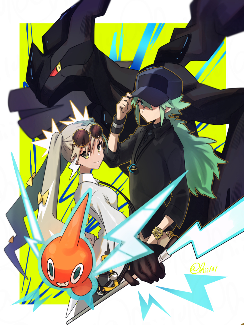 1boy, 1girl, baseball_cap, black_gloves, black_headwear, black_shirt, bow, closed_mouth