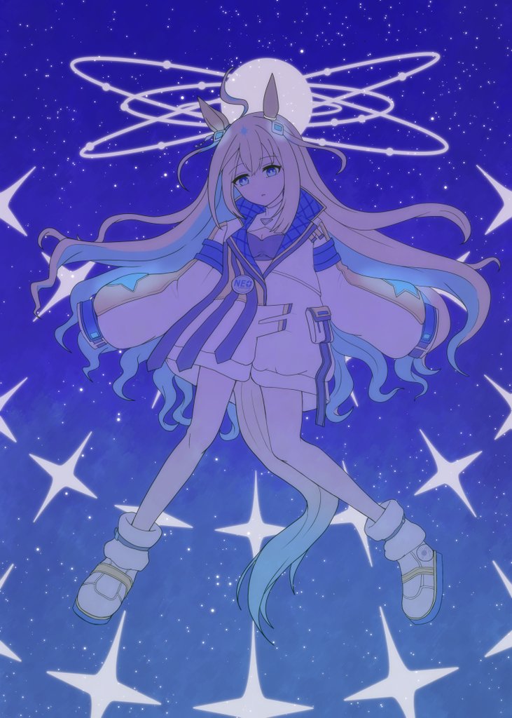 1girl, ahoge, animal_ears, badge, blonde_hair, blue_eyes, blue_hair, boots, breasts, button_badge, cleavage, cleavage_cutout, clothing_cutout, coat, colored_inner_hair, crop_top, d_rows, diffraction_spikes, floating, full_body, glowing, hair_ornament, horse_ears, horse_girl, horse_tail, long_hair, long_sleeves, looking_down, multicolored_hair, neo_universe_(umamusume), night, parted_lips, shirt, sky, sleeves_past_fingers, sleeves_past_wrists, small_breasts, solo, star_(sky), tail, two-tone_hair, umamusume, white_boots, white_coat