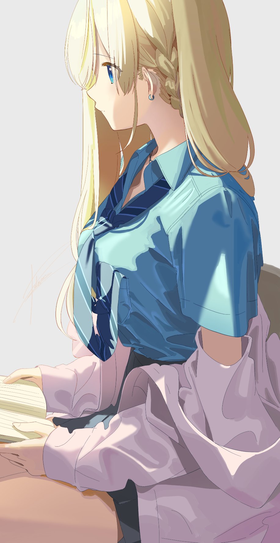 1girl, black_skirt, blonde_hair, blue_eyes, blue_necktie, blue_shirt, book, braid
