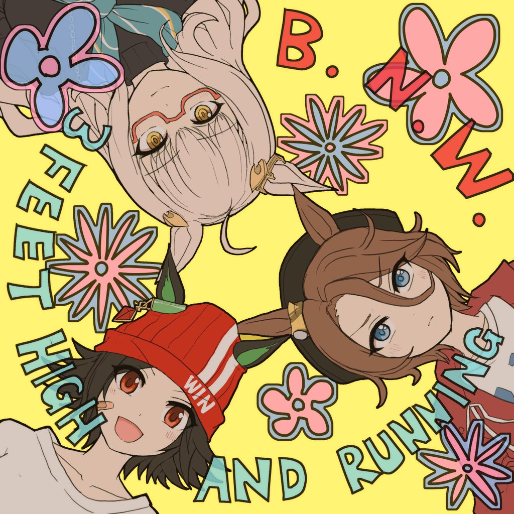 3girls, ahoge, animal_ears, bandaid, bandaid_on_face, beanie, beret, biwa_hayahide_(umamusume), black_hair, black_headwear, black_sweater, blue_eyes, bnw_(umamusume), brown_hair, closed_mouth, d_rows, ears_through_headwear, english_text, flower, frown, glasses, grey_hair, hair_between_eyes, hat, horse_ears, jacket, long_hair, looking_at_viewer, multiple_girls, narita_taishin_(umamusume), open_mouth, red_eyes, red_headwear, red_jacket, semi-rimless_eyewear, shirt, short_hair, smile, sweater, the_magic_number_(de_la_soul), umamusume, upper_body, v-shaped_eyebrows, white_shirt, winning_ticket_(umamusume), yellow_background, yellow_eyes