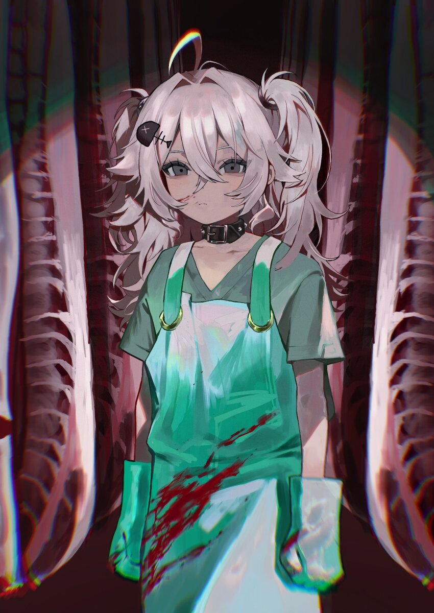 1girl, ahoge, apron, bags_under_eyes, belt_collar, black_collar, blood, blood_on_clothes