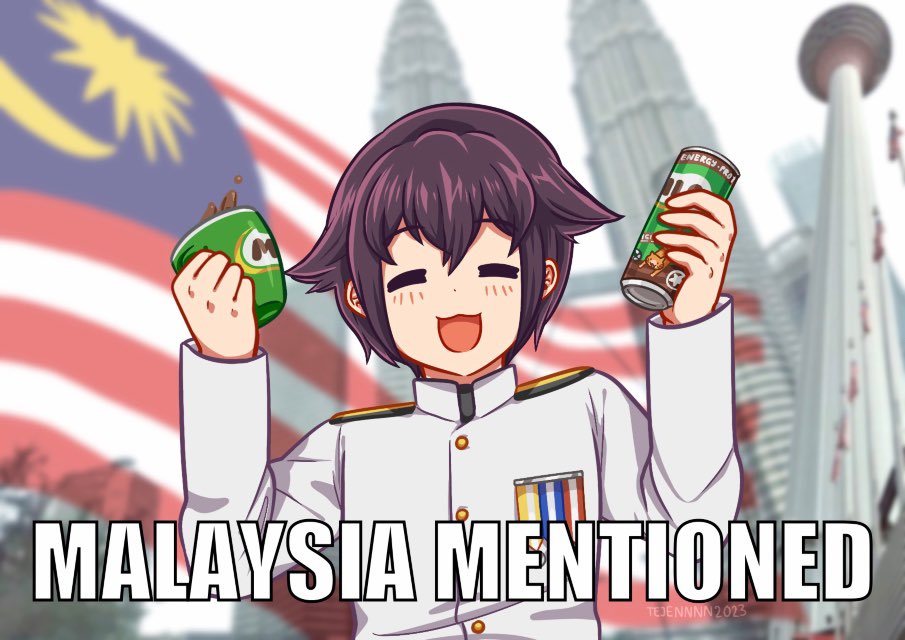 1boy, axis_powers_hetalia, buttons, can, closed_eyes, crescent, drink, english_text, epaulettes, hands_up, happy_birthday, holding, holding_can, holding_drink, jacket, long_sleeves, malaysia, malaysia_(hetalia), military_uniform, milo_(drink), open_mouth, photo_background, smile, solo, star_and_crescent, tejennnn, upper_body, white_jacket