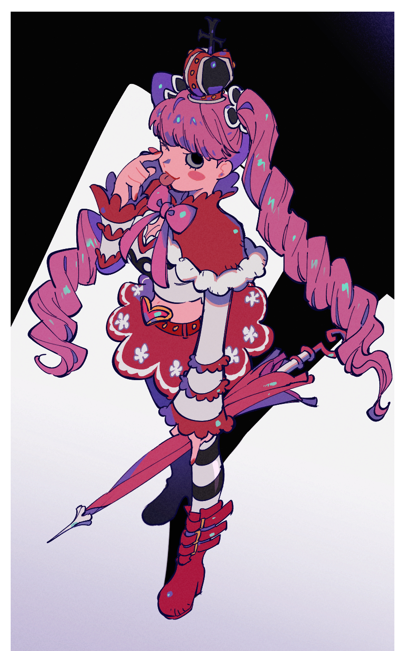 1girl, akanbe, black_eyes, blush_stickers, border, capelet, closed_umbrella, crown