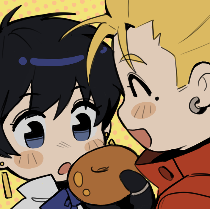 1boy, 1girl, black_hair, blonde_hair, blue_ribbon, blush_stickers, chibi, coat