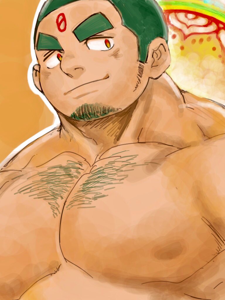 1boy, 392mondo, bara, buzz_cut, chest_hair, dark-skinned_male, dark_skin, facial_hair