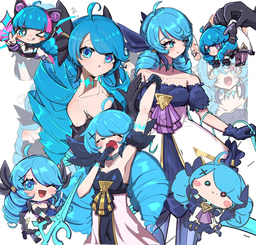 1girl, ahoge, animal_ears, arm_up, armpits, arrow_(symbol), bare_shoulders, black_bow, black_dress, black_gloves, black_sleeves, blush, bow, chibi, choker, closed_eyes, collarbone, cropped_torso, dress, drill_hair, fake_animal_ears, gloves, green_choker, green_hair, grey_dress, gwen_(league_of_legends), hair_bow, highres, holding, large_bow, league_of_legends, long_hair, looking_at_viewer, monakan_japan, multiple_views, pantyhose, scissors, simple_background, smile, soul_fighter_gwen, striped_clothes, striped_pantyhose, twin_drills, twintails, white_background, yawning