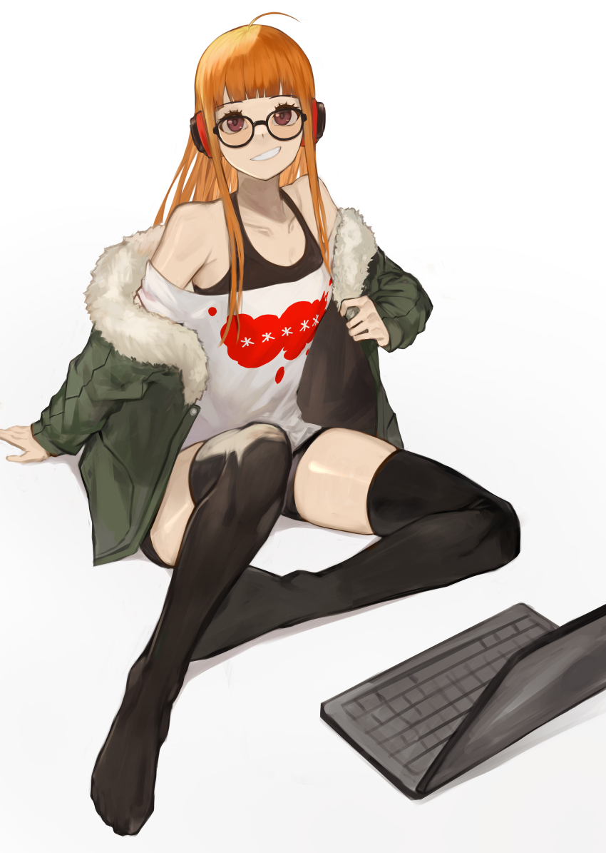 1girl, absurdres, ahoge, bare_shoulders, behind-the-head_headphones, black-framed_eyewear, black_thighhighs, blunt_bangs