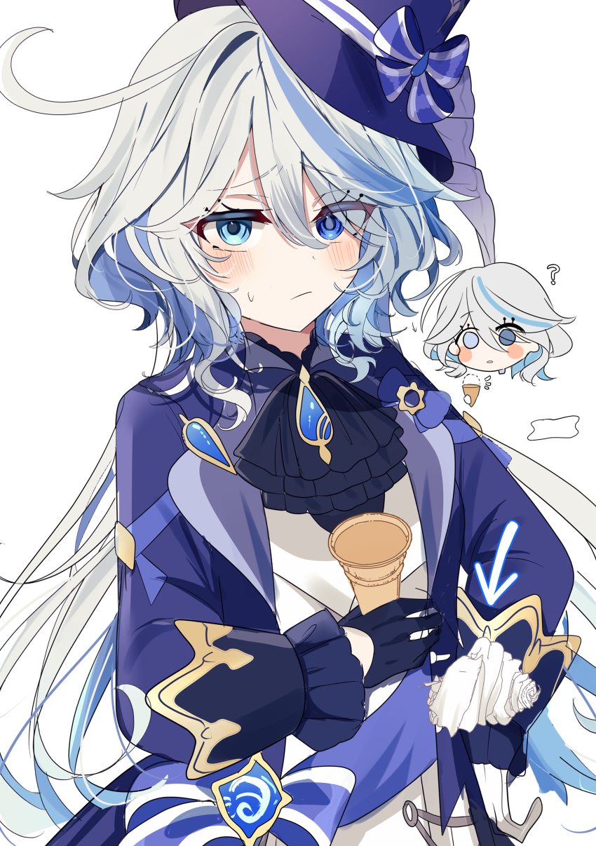 1girl, ?, absurdres, ahoge, ascot, black_ascot, black_gloves, blue_bow