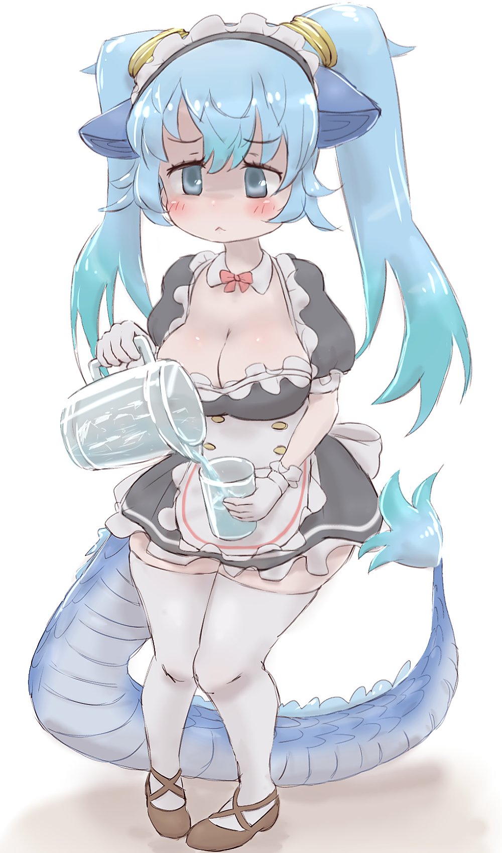 1girl, :<, alternate_costume, animal_ears, apron, black_dress, blue_eyes, blue_hair, blush, breasts, cleavage, cup, detached_collar, dragon_girl, dragon_tail, dress, drinking_glass, eastern_dragon_tail, enmaided, frilled_apron, frills, gloves, hair_between_eyes, highres, holding_jug, k_(susiinochi24), kemono_friends, kemono_friends_3, large_breasts, long_hair, looking_at_viewer, maid, maid_apron, multicolored_hair, pouring, puffy_short_sleeves, puffy_sleeves, seiryuu_(kemono_friends), short_sleeves, solo, tail, thighhighs, twintails, waist_apron, white_apron, zettai_ryouiki