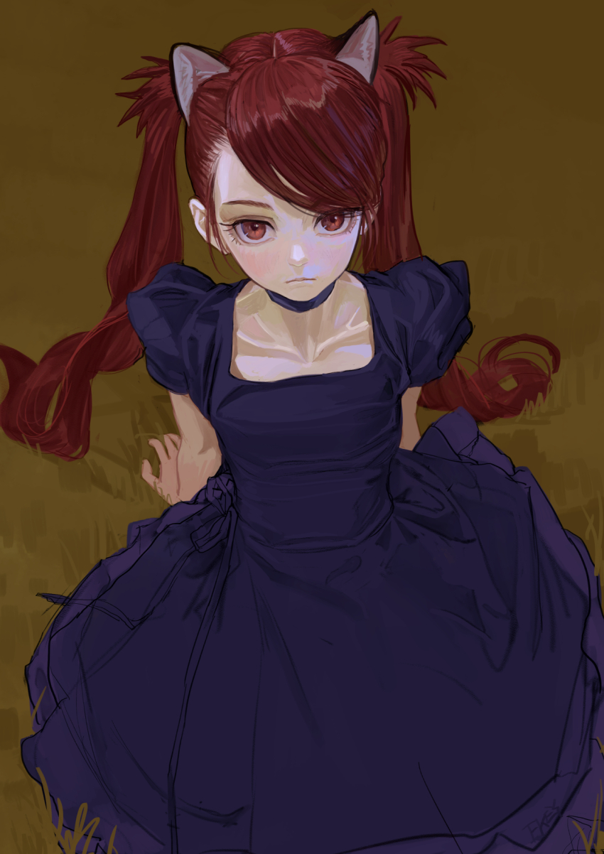 1girl, animal_ears, arms_behind_back, asymmetrical_bangs, asymmetrical_hair, blue_choker, blue_dress, breasts