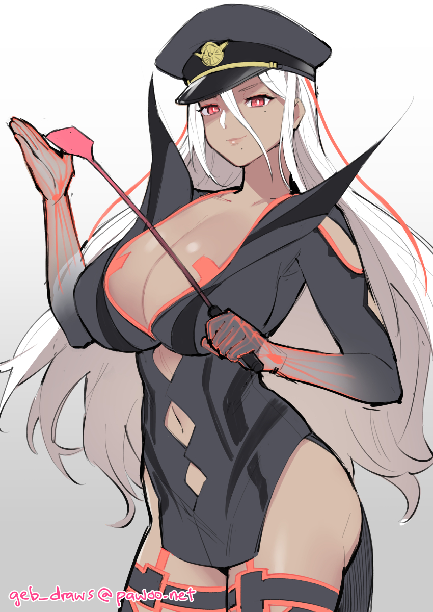 1girl, absurdres, ai_the_somnium_files, ai_the_somnium_files:_nirvana_initiative, artist_name, black_dress, black_hat, breasts, cleavage, closed_mouth, clothing_cutout, commentary, cowboy_shot, dark-skinned_female, dark_skin, dress, ge-b, gradient_background, hair_between_eyes, hat, highres, huge_breasts, lapels, long_hair, looking_at_viewer, mole, mole_under_eye, mole_under_mouth, navel, navel_cutout, peaked_cap, peaked_lapels, red_eyes, simple_background, solo, tama_(ai_the_somnium_files), very_long_hair, white_hair