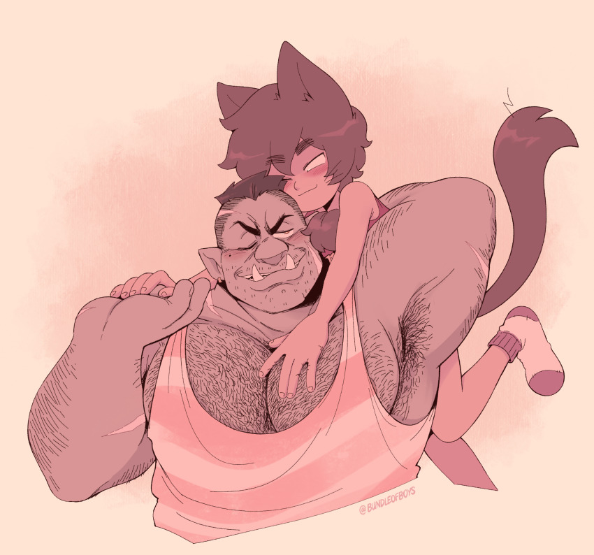 2boys, animal_ears, arm_hair, armpit_hair, armpits, bara, blush, bundleofboys, carrying, carrying_person, cat_boy, cat_ears, cat_tail, chest_hair, cropped_shirt, facial_hair, feeling_body_hair, hairy, hand_on_another's_chest, highres, holding_hands, large_pectorals, leg_hair, male_focus, mature_male, mole, mole_under_eye, monochrome, monster_boy, multiple_boys, muscular, muscular_male, mustache_stubble, navel_hair, nipple_slip, nipples, one_eye_closed, orc, original, pectoral_cleavage, pectorals, pink_tank_top, pointy_ears, seductive_smile, sepia, size_difference, smile, socks, sparse_stubble, stubble, tail, tank_top, thick_eyebrows, tusks, undercut, yaoi, zarak_(bundleofboys)