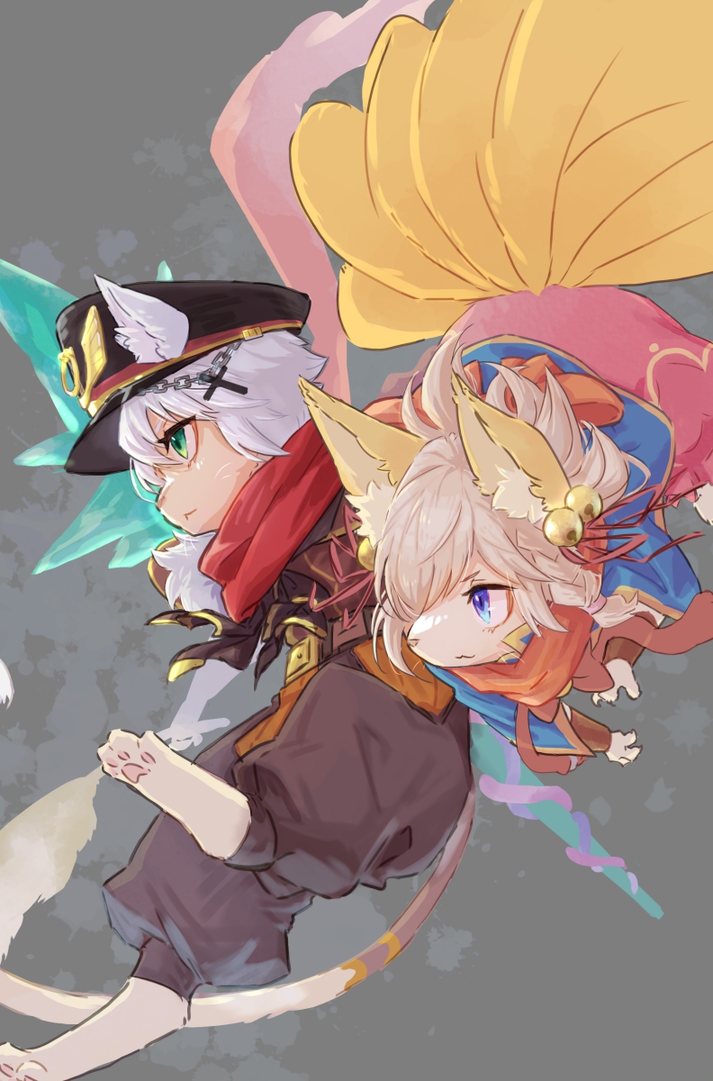 1boy, 1girl, animal_ear_fluff, animal_hands, barefoot, bell, belt, black_headwear