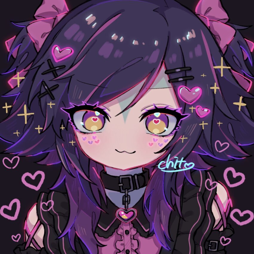1girl, :3, alternate_costume, black_background, black_choker, black_dress, black_hair, blush, blush_stickers, bow, brown_eyes, center_frills, choker, dokumi, dress, frills, gothic_lolita, hair_bow, heart, heart_choker, highres, league_of_legends, lolita_fashion, long_hair, neeko_(league_of_legends), pink_bow, pink_eyes, pink_hair, portrait, purple_hair, simple_background, smile, solo, two_side_up