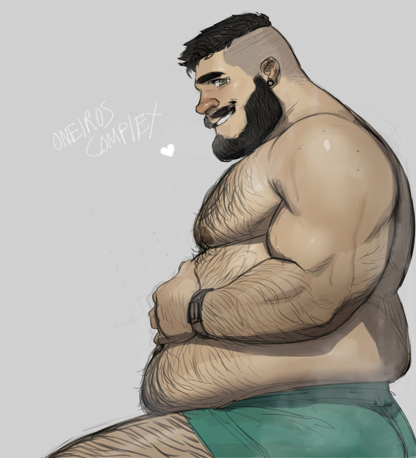 1boy, absurdres, arm_hair, ass, bara, beard, big_belly, boxers, chest_hair, ear_piercing, eli_(philipposole), facial_hair, fat, fat_man, feeling_body_hair, from_side, green_male_underwear, grin, hairy, hand_on_own_stomach, heart, highres, large_pectorals, leg_hair, looking_at_viewer, looking_to_the_side, male_focus, male_underwear, mature_male, muscular, muscular_male, mustache, navel_hair, obese, original, pectorals, philipposole, piercing, seductive_smile, short_hair, smile, solo, steaming_body, sweat, thick_eyebrows, thick_mustache, undercut, underwear, very_sweaty