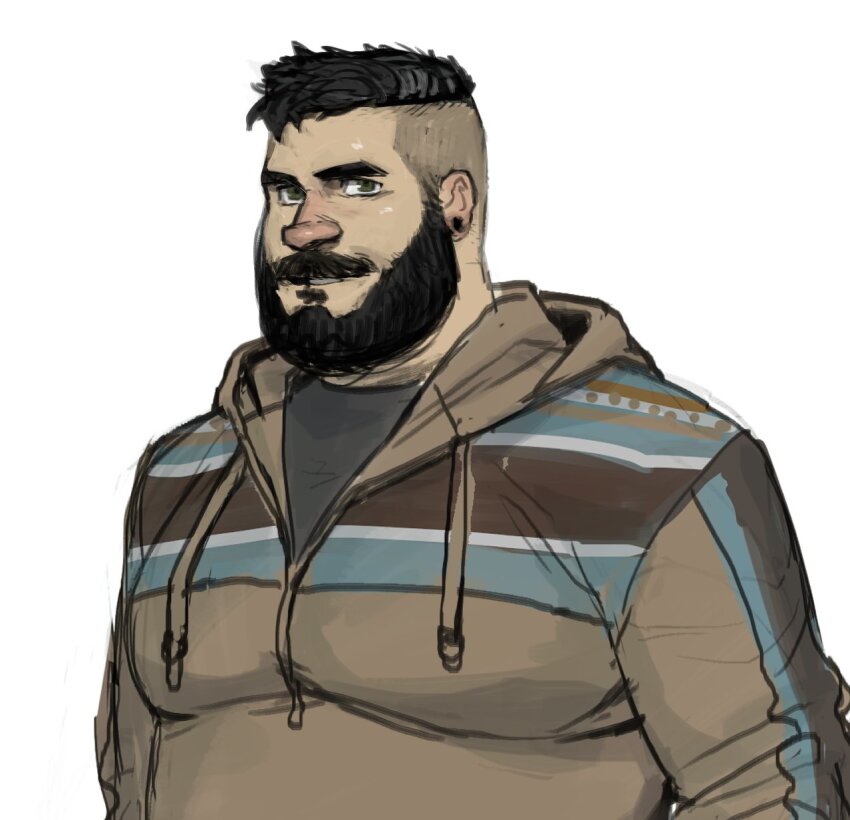1boy, bara, beard, belly, ear_piercing, eli_(philipposole), facial_hair, fat, fat_man, highres, hood, hoodie, large_pectorals, looking_at_viewer, male_focus, mature_male, mustache, original, pectorals, philipposole, piercing, short_hair, sketch, solo, thick_eyebrows, thick_mustache, undercut, upper_body