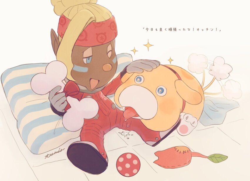 1girl, afterimage, artist_name, asymmetrical_bangs, ball, blonde_hair, blue_eyes, bone, bow, commentary_request, dark-skinned_female, dark_skin, dog, drooling, shepherd_(pikmin), facial_mark, hair_bun, headband, highres, holding, holding_bone, jumpsuit, looking_at_viewer, motion_lines, nintendo, oatchi_(pikmin), one_eye_closed, open_mouth, pikmin_(series), pikmin_4, pikpik_carrot, pillow, pointy_ears, red_bow, red_headband, red_jumpsuit, scrummy_bone, signature, simple_background, single_hair_bun, sitting, smile, spacesuit, sparkle, stuffed_carrot, stuffed_toy, tail, tail_wagging, tongue, tongue_out, toumin_(touminmin1026), translation_request, white_background